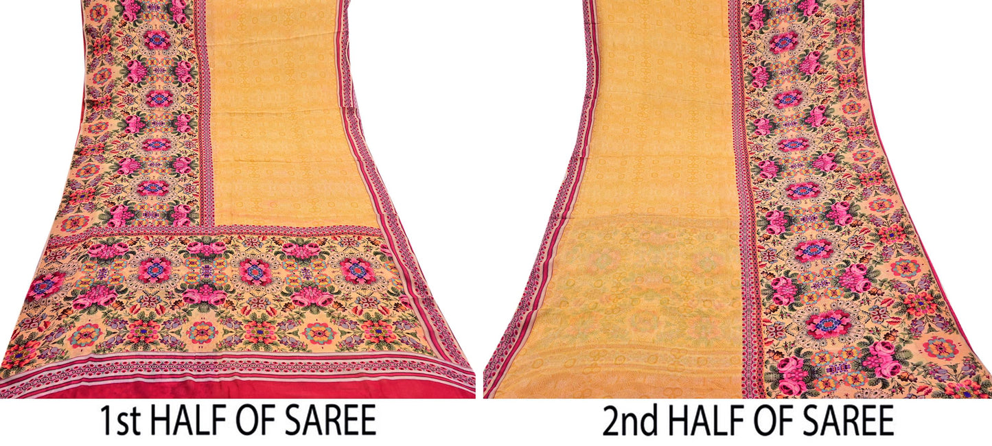 Vintage Sari Yellow 100% Pure Chiffon Silk Printed Sarees Sewing 5yd Craft Fabric Soft Dress Designing for Crafting Floral