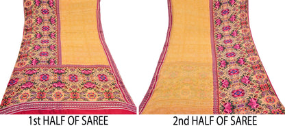 Vintage Sari Yellow 100% Pure Chiffon Silk Printed Sarees Sewing 5yd Craft Fabric Soft Dress Designing for Crafting Floral