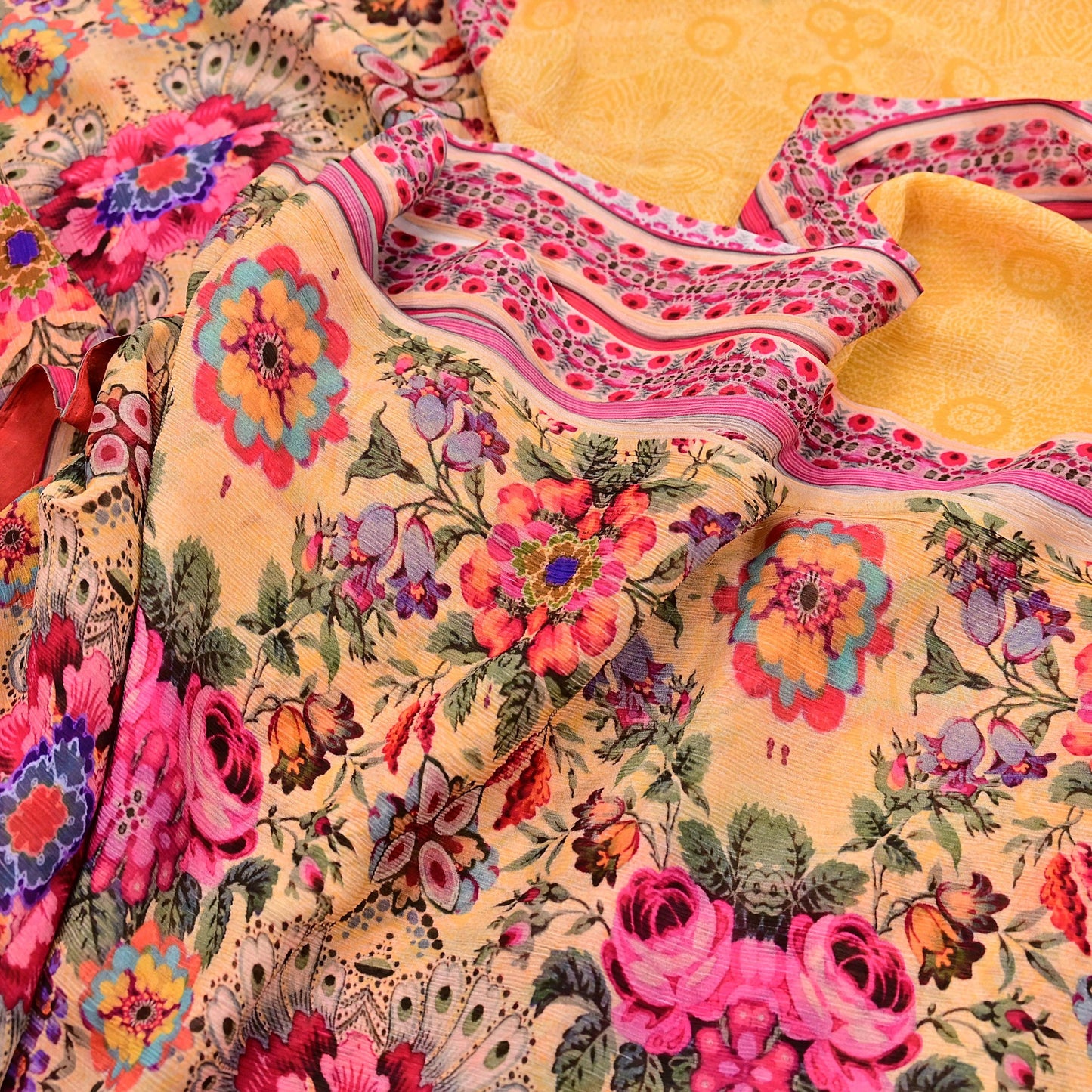 Vintage Sari Yellow 100% Pure Chiffon Silk Printed Sarees Sewing 5yd Craft Fabric Soft Dress Designing for Crafting Floral