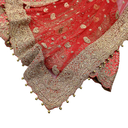 Indian Vintage Hand Embroidered Red Raw Silk Lehenga 2pcs Set, Bollywood Wedding Wear