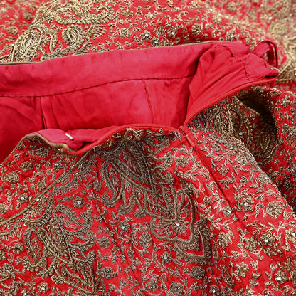 Indian Vintage Hand Embroidered Red Raw Silk Lehenga 2pcs Set, Bollywood Wedding Wear