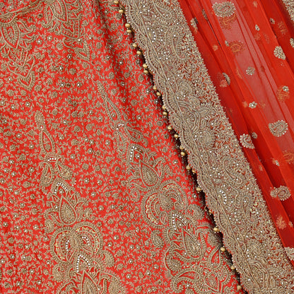 Indian Vintage Hand Embroidered Red Raw Silk Lehenga 2pcs Set, Bollywood Wedding Wear