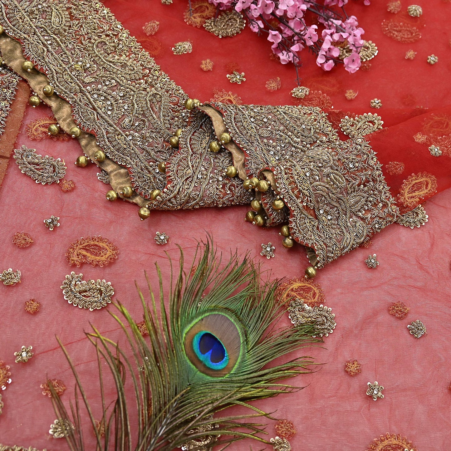 Indian Vintage Heavy Bridal Red Dupatta Net Mesh Long Stole Hand Embroidered Scarves Golden Zardozi Dabka Zari Sequins Wedding Veil Hijab