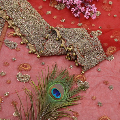 Indian Vintage Heavy Bridal Red Dupatta Net Mesh Long Stole Hand Embroidered Scarves Golden Zardozi Dabka Zari Sequins Wedding Veil Hijab