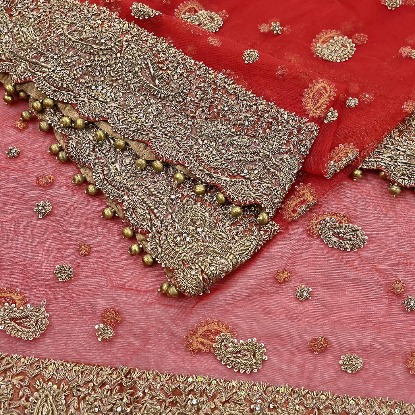 Indian Vintage Heavy Bridal Red Dupatta Net Mesh Long Stole Hand Embroidered Scarves Golden Zardozi Dabka Zari Sequins Wedding Veil Hijab