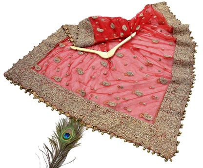 Indian Vintage Heavy Bridal Red Dupatta Net Mesh Long Stole Hand Embroidered Scarves Golden Zardozi Dabka Zari Sequins Wedding Veil Hijab