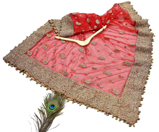 Indian Vintage Heavy Bridal Red Dupatta Net Mesh Long Stole Hand Embroidered Scarves Golden Zardozi Dabka Zari Sequins Wedding Veil Hijab