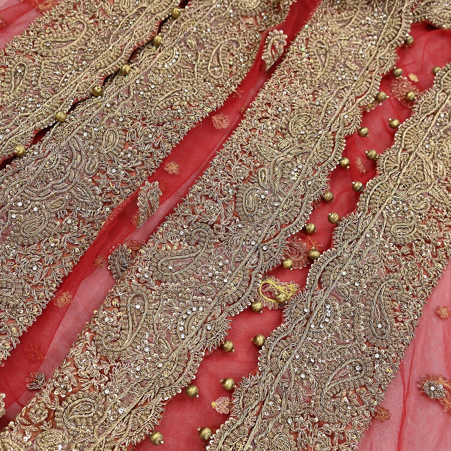 Indian Vintage Heavy Bridal Red Dupatta Net Mesh Long Stole Hand Embroidered Scarves Golden Zardozi Dabka Zari Sequins Wedding Veil Hijab