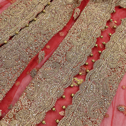 Indian Vintage Heavy Bridal Red Dupatta Net Mesh Long Stole Hand Embroidered Scarves Golden Zardozi Dabka Zari Sequins Wedding Veil Hijab