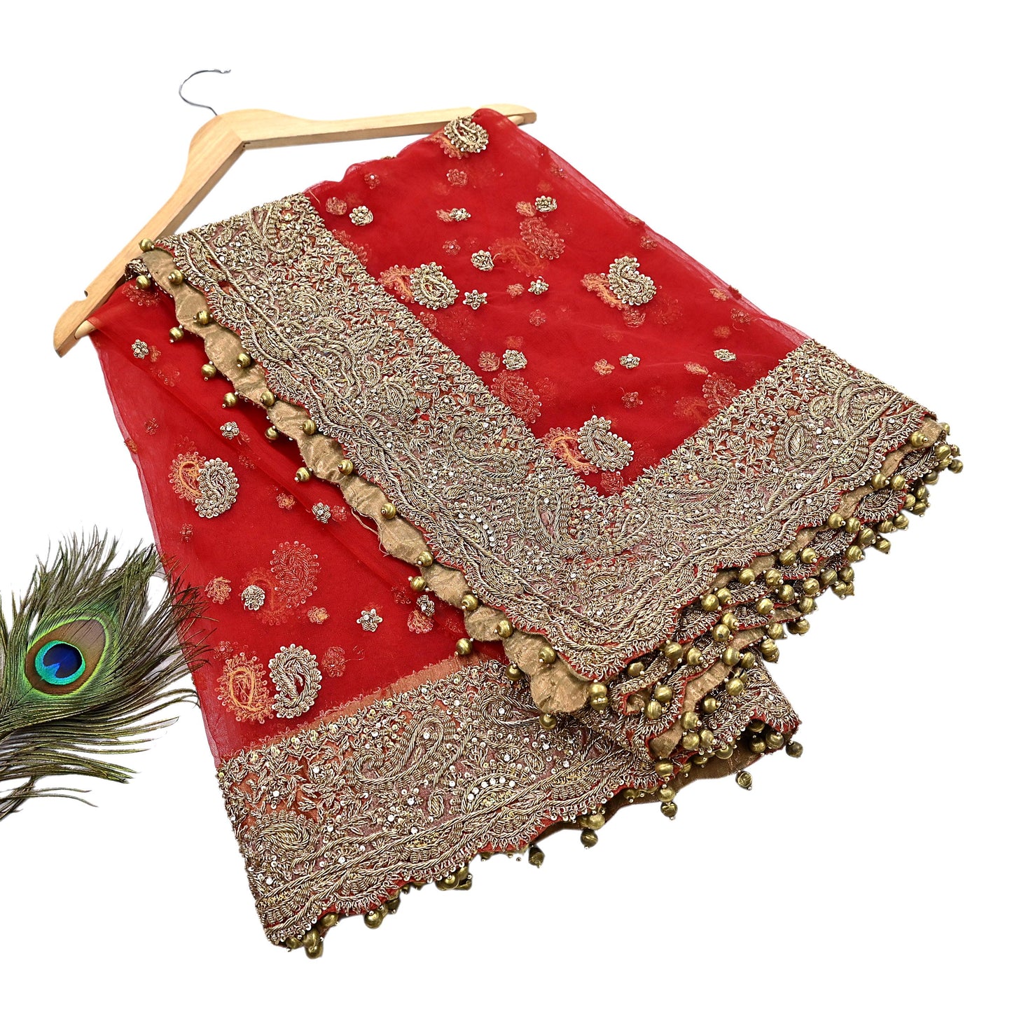 Indian Vintage Heavy Bridal Red Dupatta Net Mesh Long Stole Hand Embroidered Scarves Golden Zardozi Dabka Zari Sequins Wedding Veil Hijab