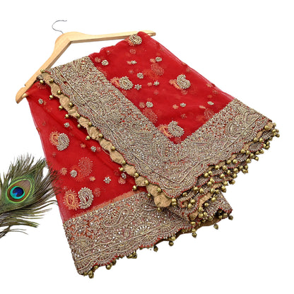 Indian Vintage Heavy Bridal Red Dupatta Net Mesh Long Stole Hand Embroidered Scarves Golden Zardozi Dabka Zari Sequins Wedding Veil Hijab