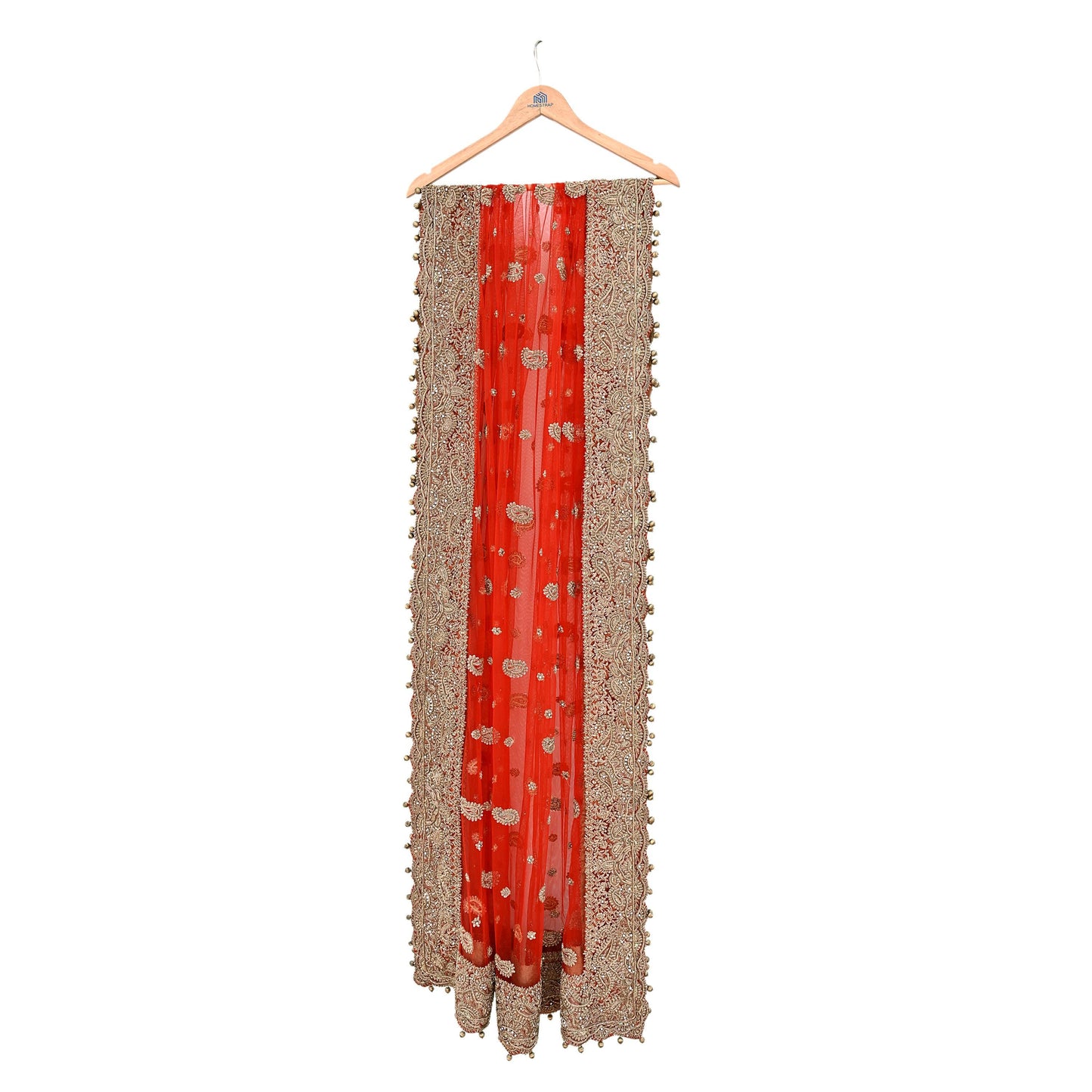 Indian Vintage Heavy Bridal Red Dupatta Net Mesh Long Stole Hand Embroidered Scarves Golden Zardozi Dabka Zari Sequins Wedding Veil Hijab