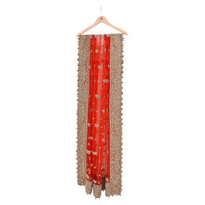 Indian Vintage Heavy Bridal Red Dupatta Net Mesh Long Stole Hand Embroidered Scarves Golden Zardozi Dabka Zari Sequins Wedding Veil Hijab