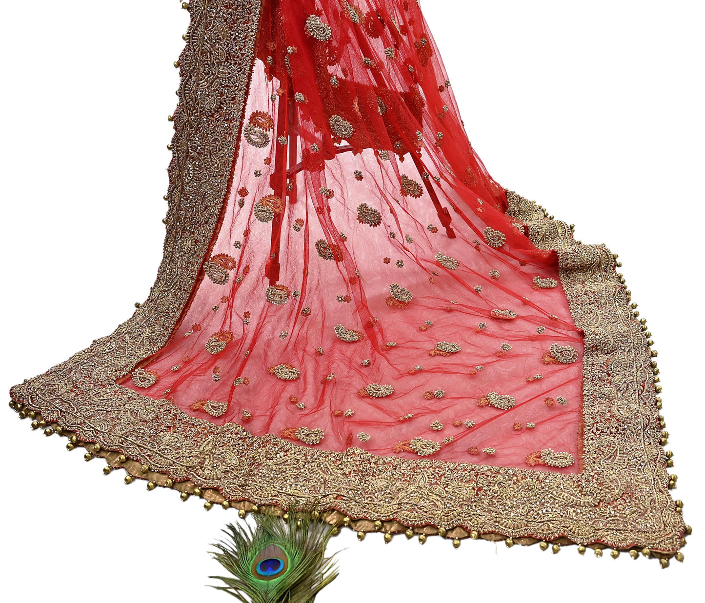 Indian Vintage Heavy Bridal Red Dupatta Net Mesh Long Stole Hand Embroidered Scarves Golden Zardozi Dabka Zari Sequins Wedding Veil Hijab