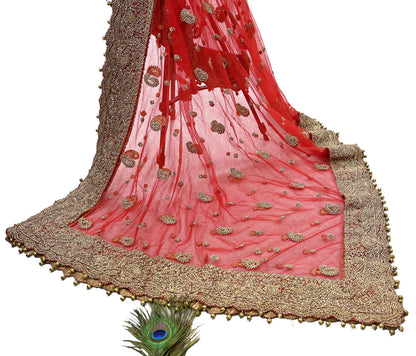 Indian Vintage Heavy Bridal Red Dupatta Net Mesh Long Stole Hand Embroidered Scarves Golden Zardozi Dabka Zari Sequins Wedding Veil Hijab