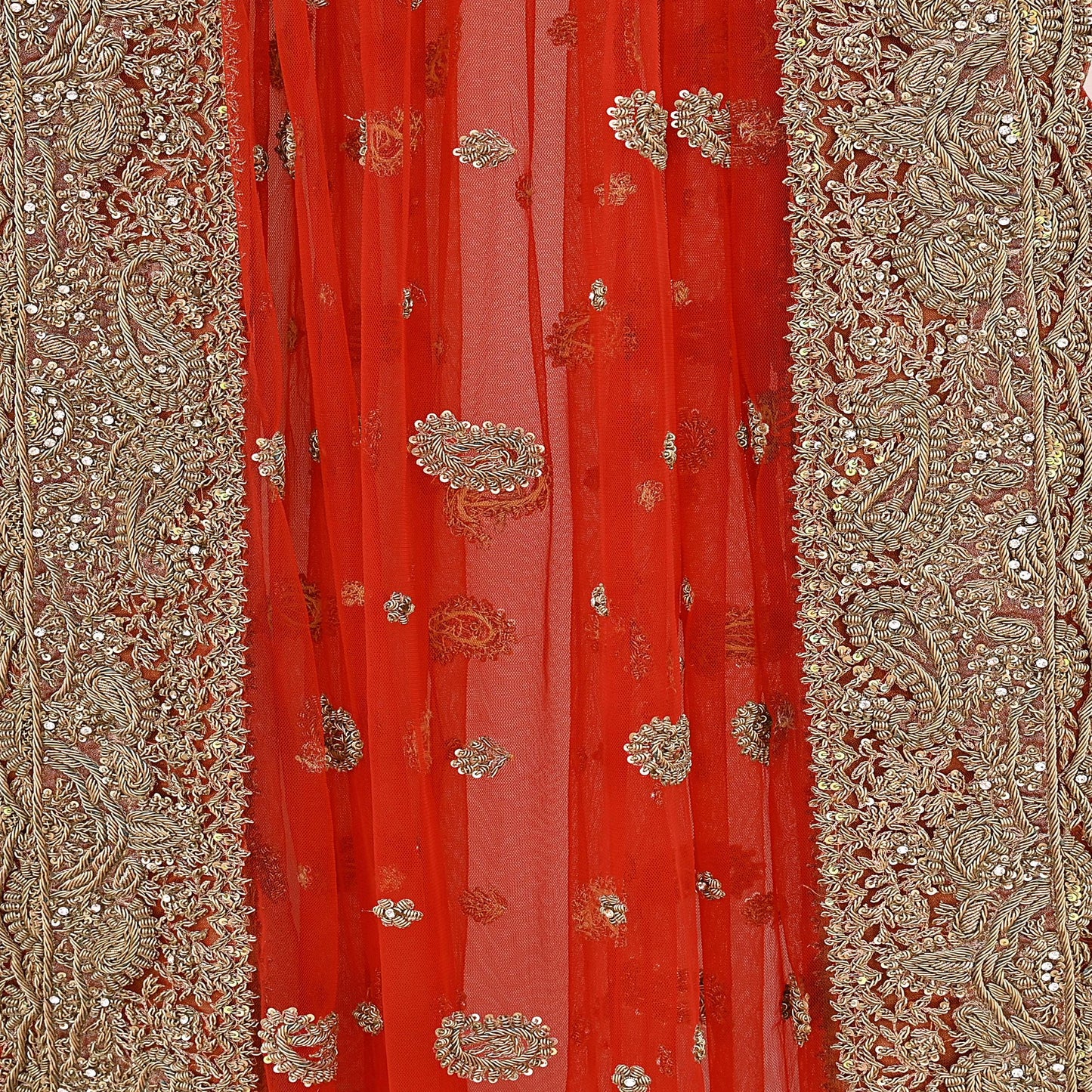 Indian Vintage Heavy Bridal Red Dupatta Net Mesh Long Stole Hand Embroidered Scarves Golden Zardozi Dabka Zari Sequins Wedding Veil Hijab