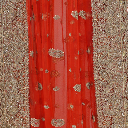 Indian Vintage Heavy Bridal Red Dupatta Net Mesh Long Stole Hand Embroidered Scarves Golden Zardozi Dabka Zari Sequins Wedding Veil Hijab