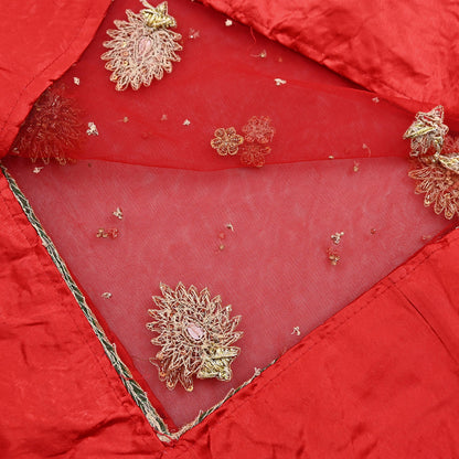 Indian Vintage Heavy Bridal Red Dupatta Net Mesh Long Stole Hand Embroidered Scarves Golden Zardozi Dabka Zari Sequins Wedding Veil Hijab