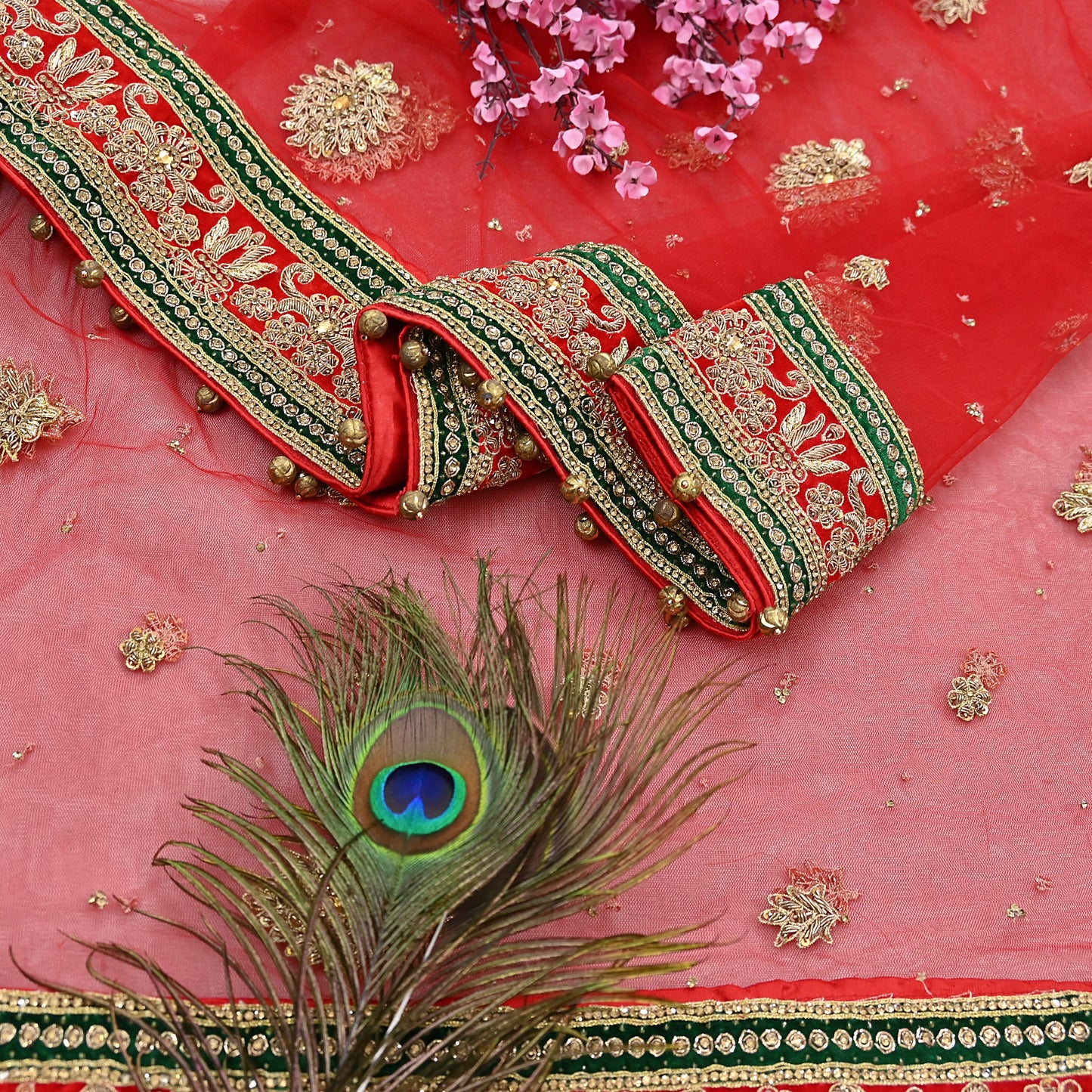 Indian Vintage Heavy Bridal Red Dupatta Net Mesh Long Stole Hand Embroidered Scarves Golden Zardozi Dabka Zari Sequins Wedding Veil Hijab