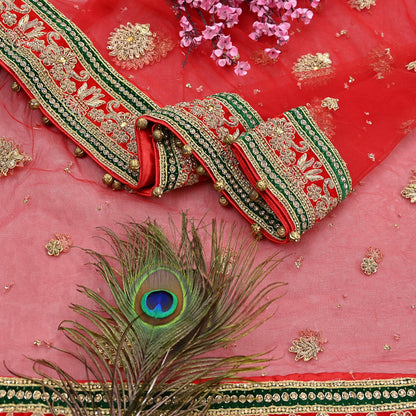 Indian Vintage Heavy Bridal Red Dupatta Net Mesh Long Stole Hand Embroidered Scarves Golden Zardozi Dabka Zari Sequins Wedding Veil Hijab
