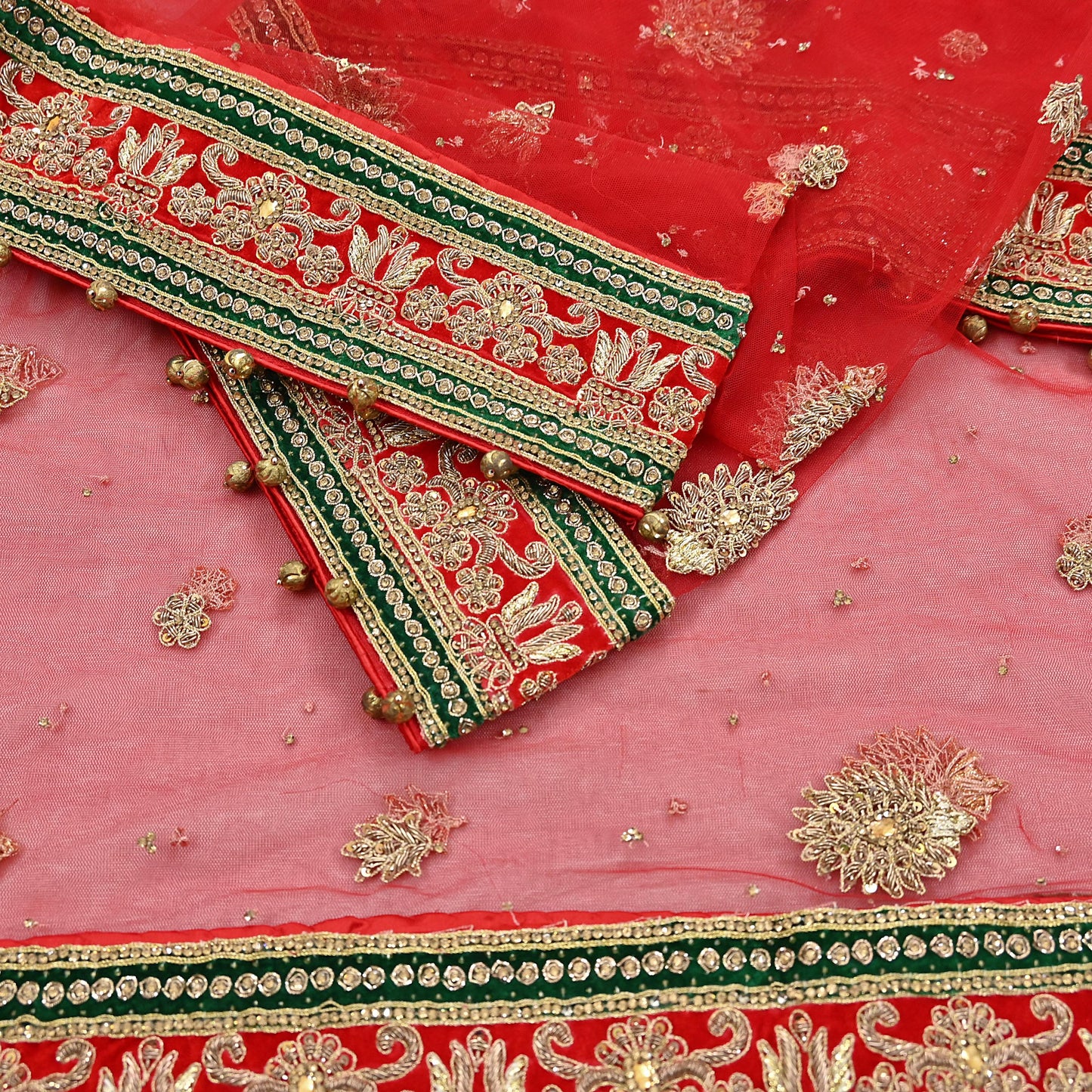 Indian Vintage Heavy Bridal Red Dupatta Net Mesh Long Stole Hand Embroidered Scarves Golden Zardozi Dabka Zari Sequins Wedding Veil Hijab