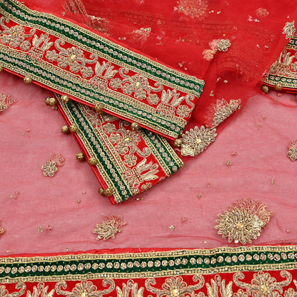 Indian Vintage Heavy Bridal Red Dupatta Net Mesh Long Stole Hand Embroidered Scarves Golden Zardozi Dabka Zari Sequins Wedding Veil Hijab