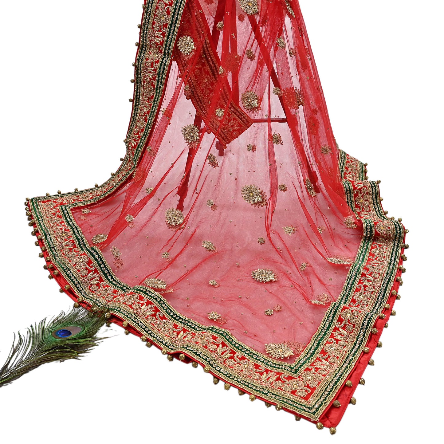 Indian Vintage Heavy Bridal Red Dupatta Net Mesh Long Stole Hand Embroidered Scarves Golden Zardozi Dabka Zari Sequins Wedding Veil Hijab