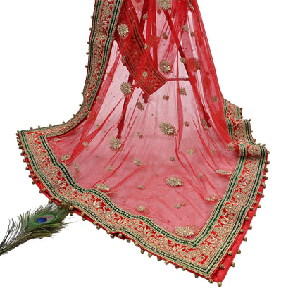 Indian Vintage Heavy Bridal Red Dupatta Net Mesh Long Stole Hand Embroidered Scarves Golden Zardozi Dabka Zari Sequins Wedding Veil Hijab