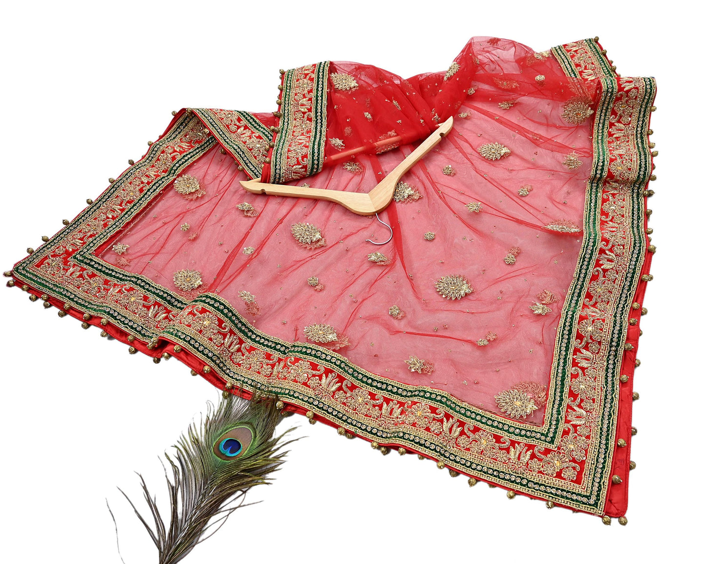 Indian Vintage Heavy Bridal Red Dupatta Net Mesh Long Stole Hand Embroidered Scarves Golden Zardozi Dabka Zari Sequins Wedding Veil Hijab