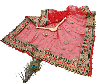 Indian Vintage Heavy Bridal Red Dupatta Net Mesh Long Stole Hand Embroidered Scarves Golden Zardozi Dabka Zari Sequins Wedding Veil Hijab