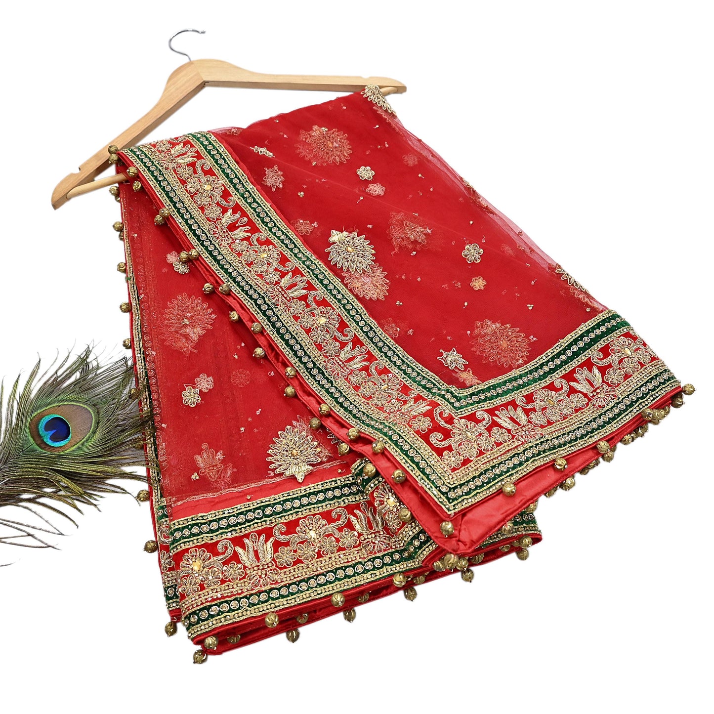 Indian Vintage Heavy Bridal Red Dupatta Net Mesh Long Stole Hand Embroidered Scarves Golden Zardozi Dabka Zari Sequins Wedding Veil Hijab