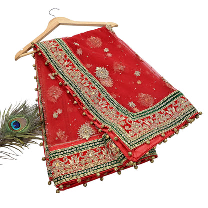 Indian Vintage Heavy Bridal Red Dupatta Net Mesh Long Stole Hand Embroidered Scarves Golden Zardozi Dabka Zari Sequins Wedding Veil Hijab