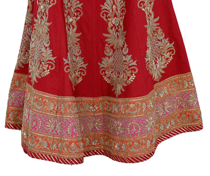 Indian Vintage Red Raw Silk Bridal Skirt, Gota patti Work Lehenga, Hand Embroidered Wedding Wear, Designer Abu Jani Festive Outfit