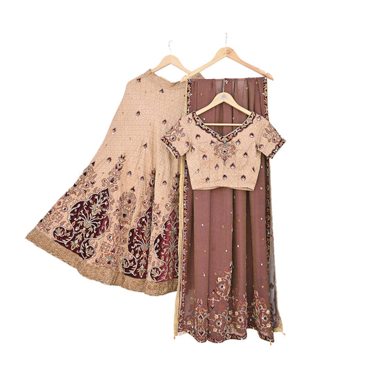 Indian Pre-owned Heavy Beige & maroon Organza/Pure Satin silk Hand Embroidered Lehenga/Dupatta/Choli Designer By Tarun Tahiliani