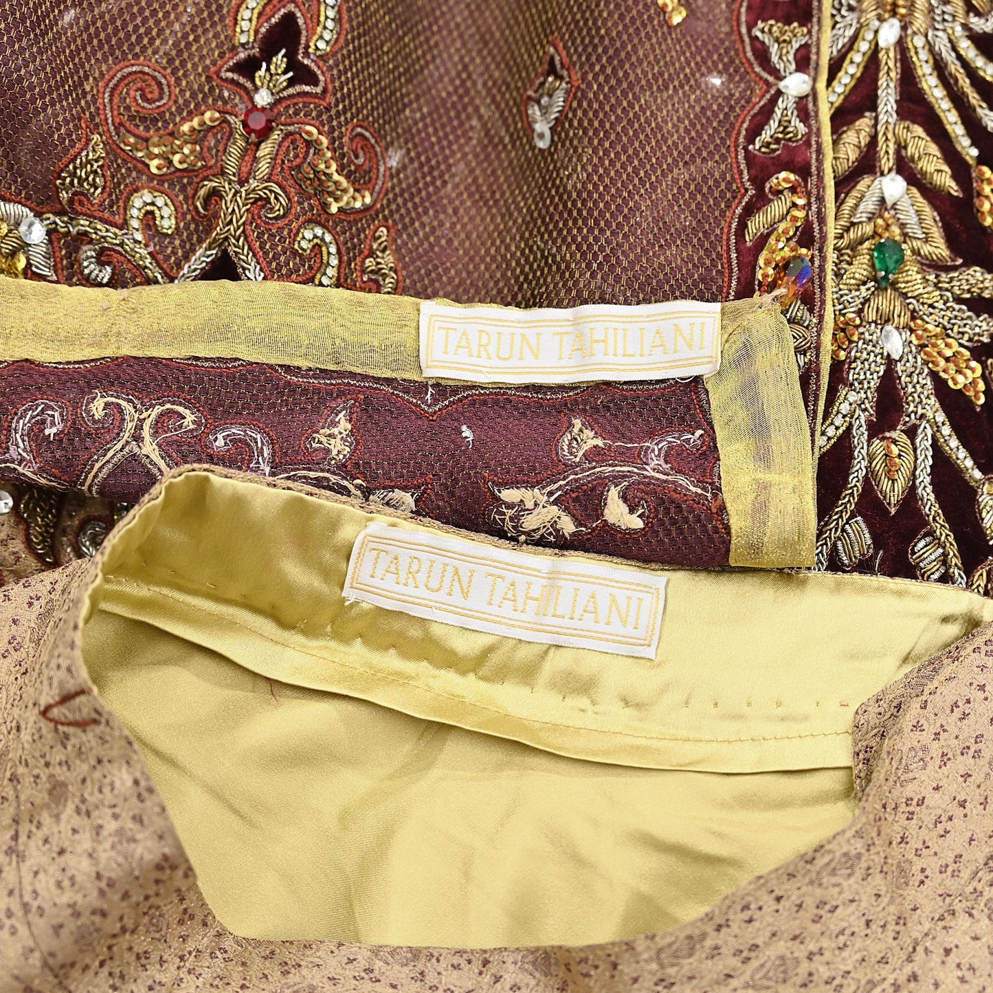 Indian Pre-owned Heavy Beige & maroon Organza/Pure Satin silk Hand Embroidered Lehenga/Dupatta/Choli Designer By Tarun Tahiliani