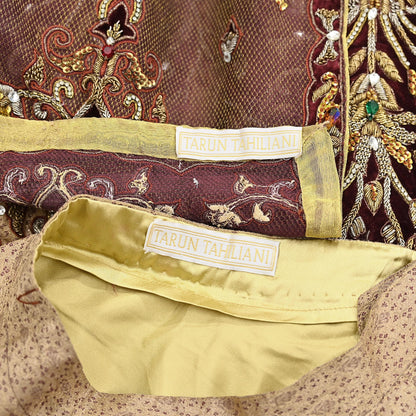 Indian Pre-owned Heavy Beige & maroon Organza/Pure Satin silk Hand Embroidered Lehenga/Dupatta/Choli Designer By Tarun Tahiliani