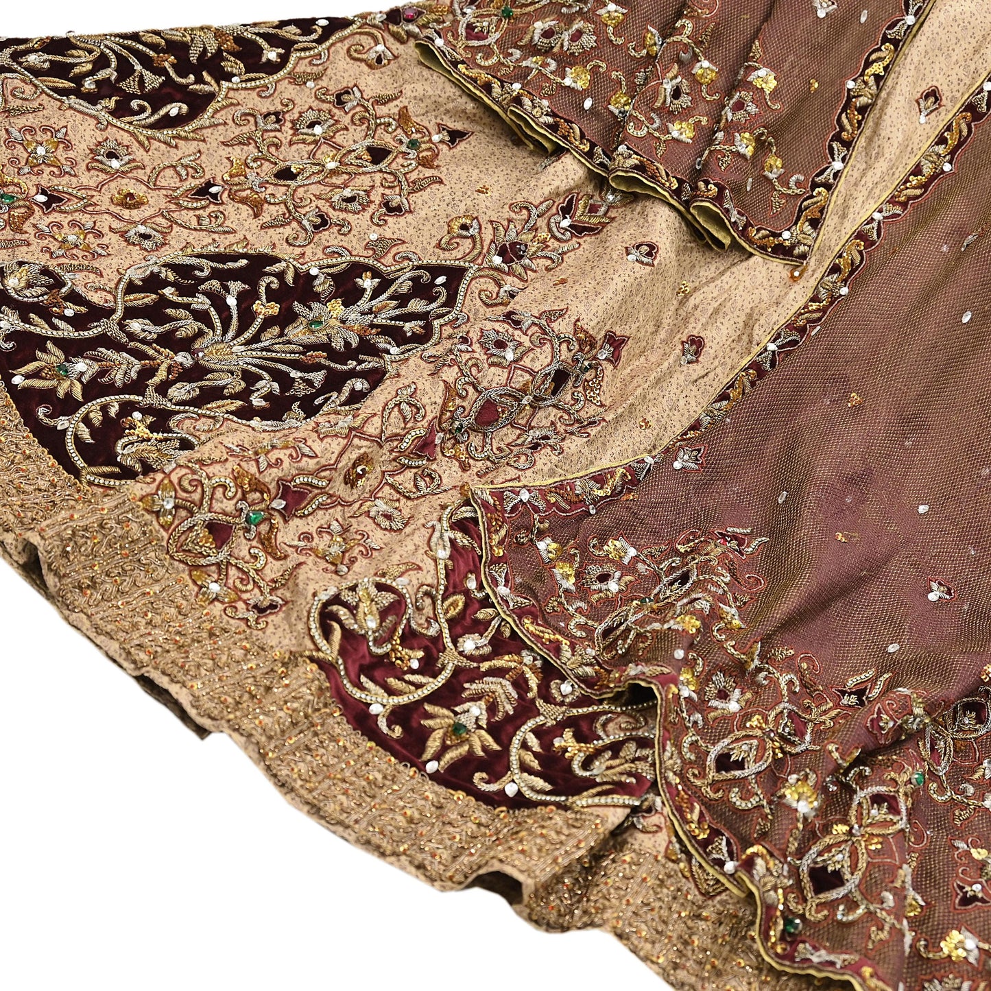 Indian Pre-owned Heavy Beige & maroon Organza/Pure Satin silk Hand Embroidered Lehenga/Dupatta/Choli Designer By Tarun Tahiliani
