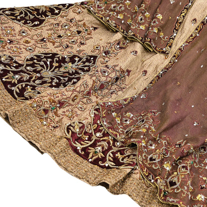 Indian Pre-owned Heavy Beige & maroon Organza/Pure Satin silk Hand Embroidered Lehenga/Dupatta/Choli Designer By Tarun Tahiliani