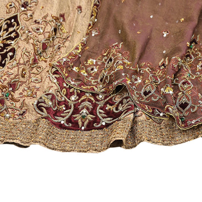 Indian Pre-owned Heavy Beige & maroon Organza/Pure Satin silk Hand Embroidered Lehenga/Dupatta/Choli Designer By Tarun Tahiliani