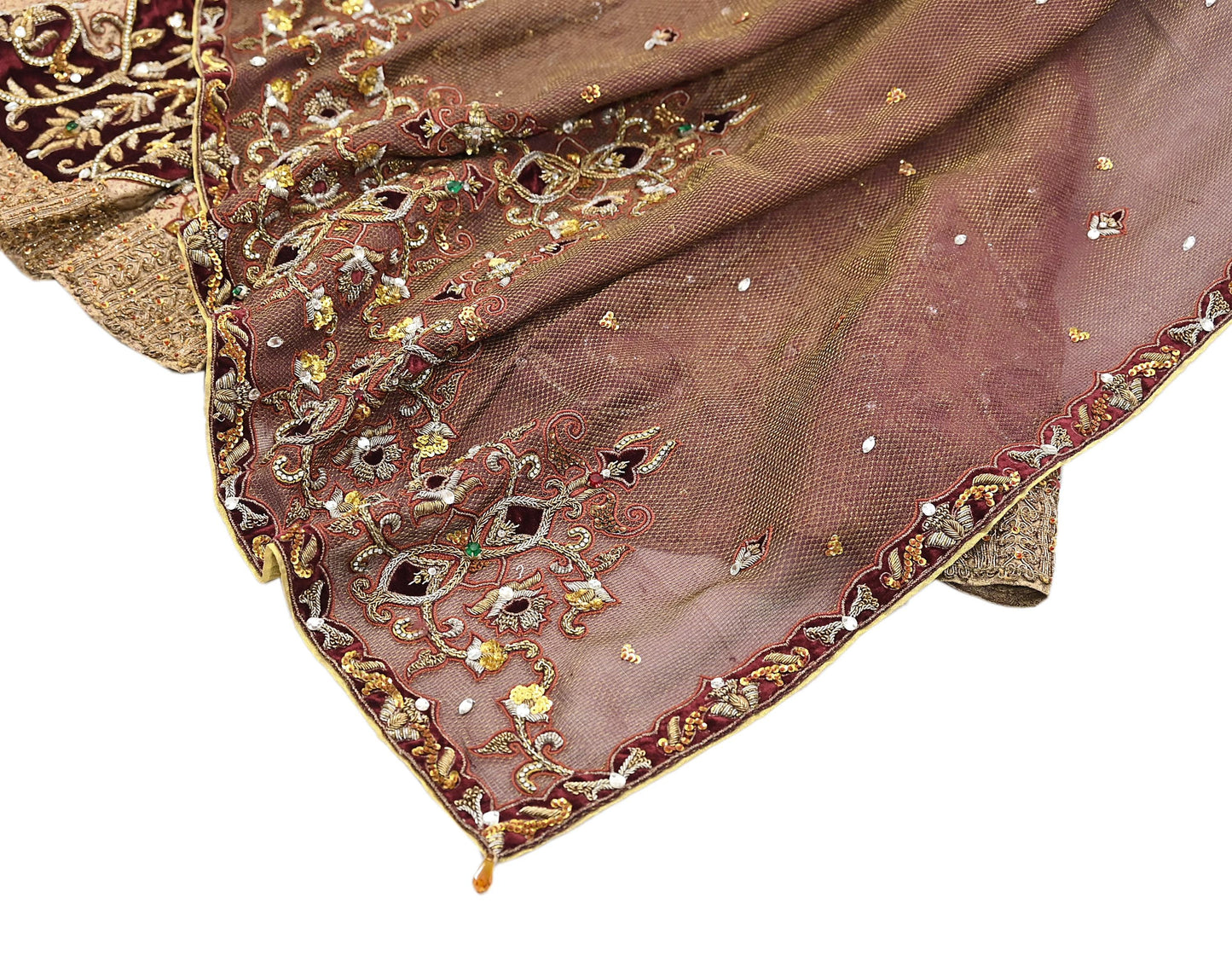Indian Pre-owned Heavy Beige & maroon Organza/Pure Satin silk Hand Embroidered Lehenga/Dupatta/Choli Designer By Tarun Tahiliani