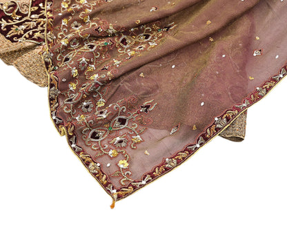 Indian Pre-owned Heavy Beige & maroon Organza/Pure Satin silk Hand Embroidered Lehenga/Dupatta/Choli Designer By Tarun Tahiliani