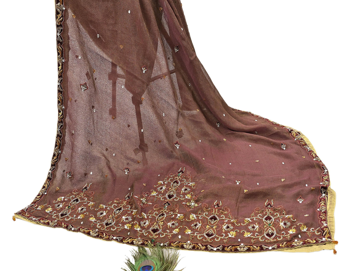 Indian Pre-owned Heavy Beige & maroon Organza/Pure Satin silk Hand Embroidered Lehenga/Dupatta/Choli Designer By Tarun Tahiliani