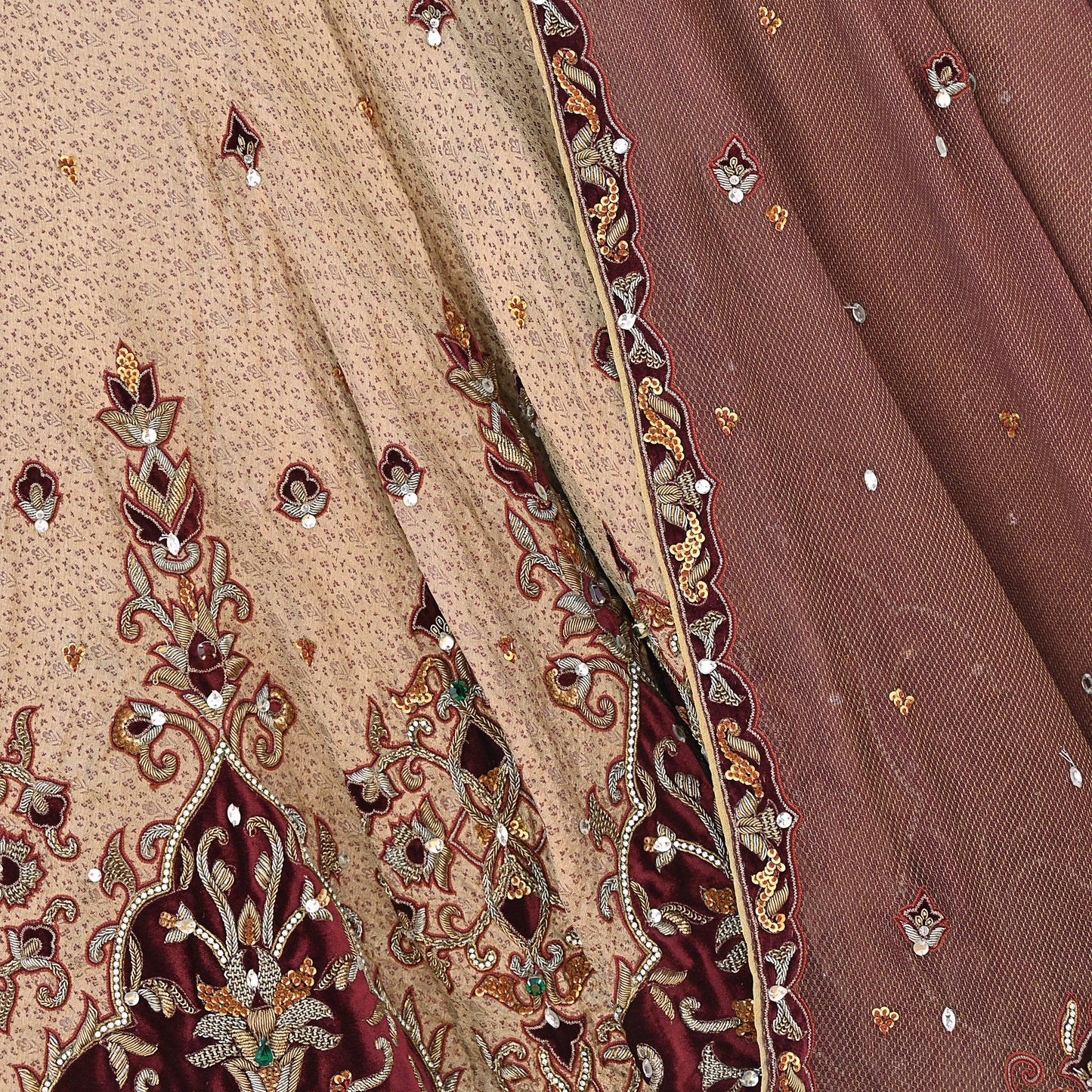 Indian Pre-owned Heavy Beige & maroon Organza/Pure Satin silk Hand Embroidered Lehenga/Dupatta/Choli Designer By Tarun Tahiliani