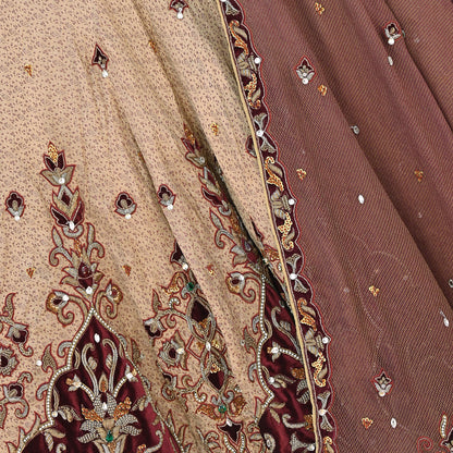 Indian Pre-owned Heavy Beige & maroon Organza/Pure Satin silk Hand Embroidered Lehenga/Dupatta/Choli Designer By Tarun Tahiliani