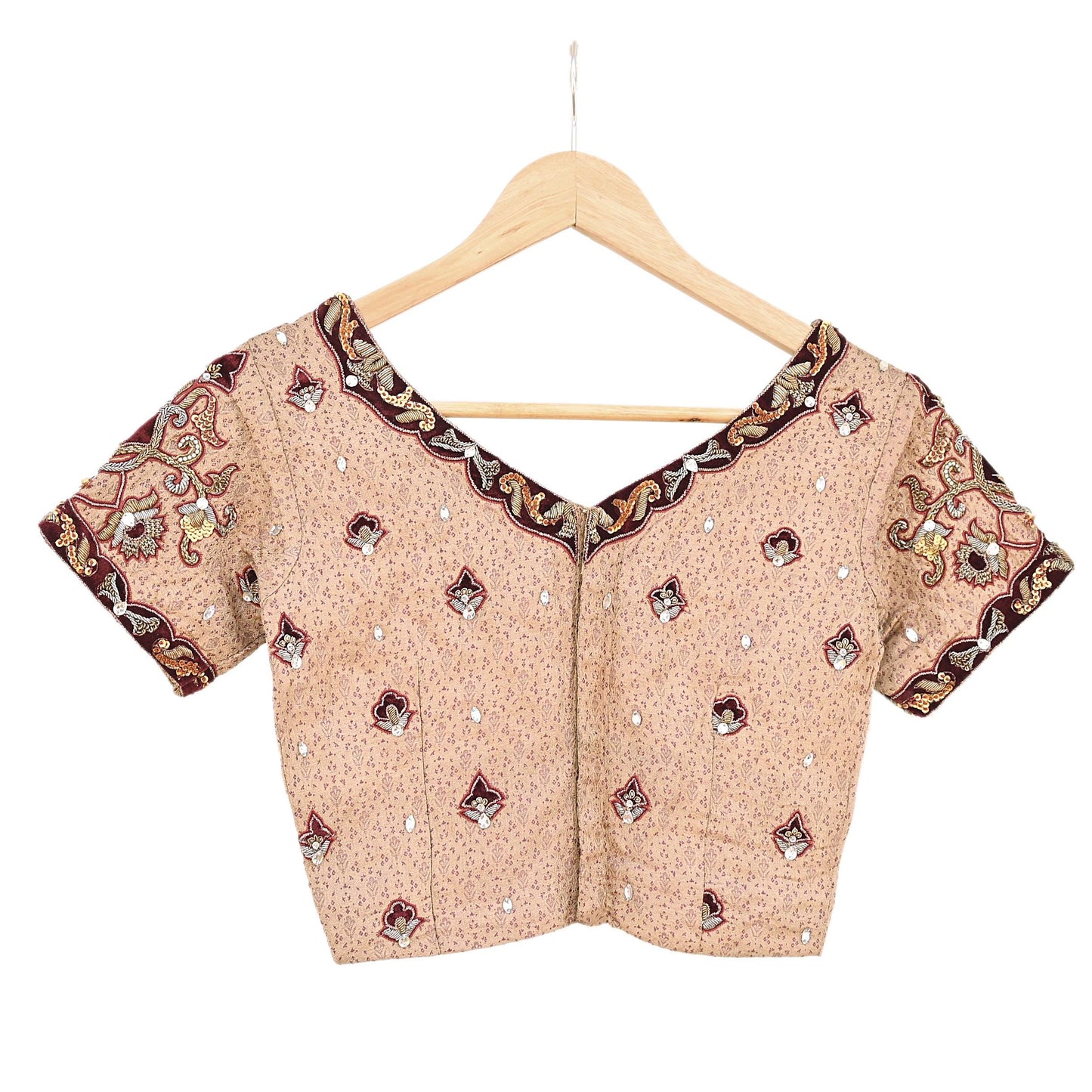 Indian Pre-owned Beige Satin Silk Hand Embroidered By Designer Tarun Tahiliani Blouse/Top/Crop M Size Party wear Bollywood