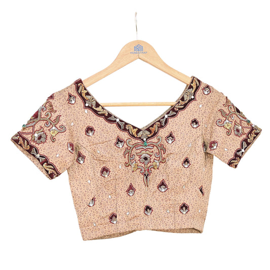 Indian Pre-owned Beige Satin Silk Hand Embroidered By Designer Tarun Tahiliani Blouse/Top/Crop M Size Party wear Bollywood