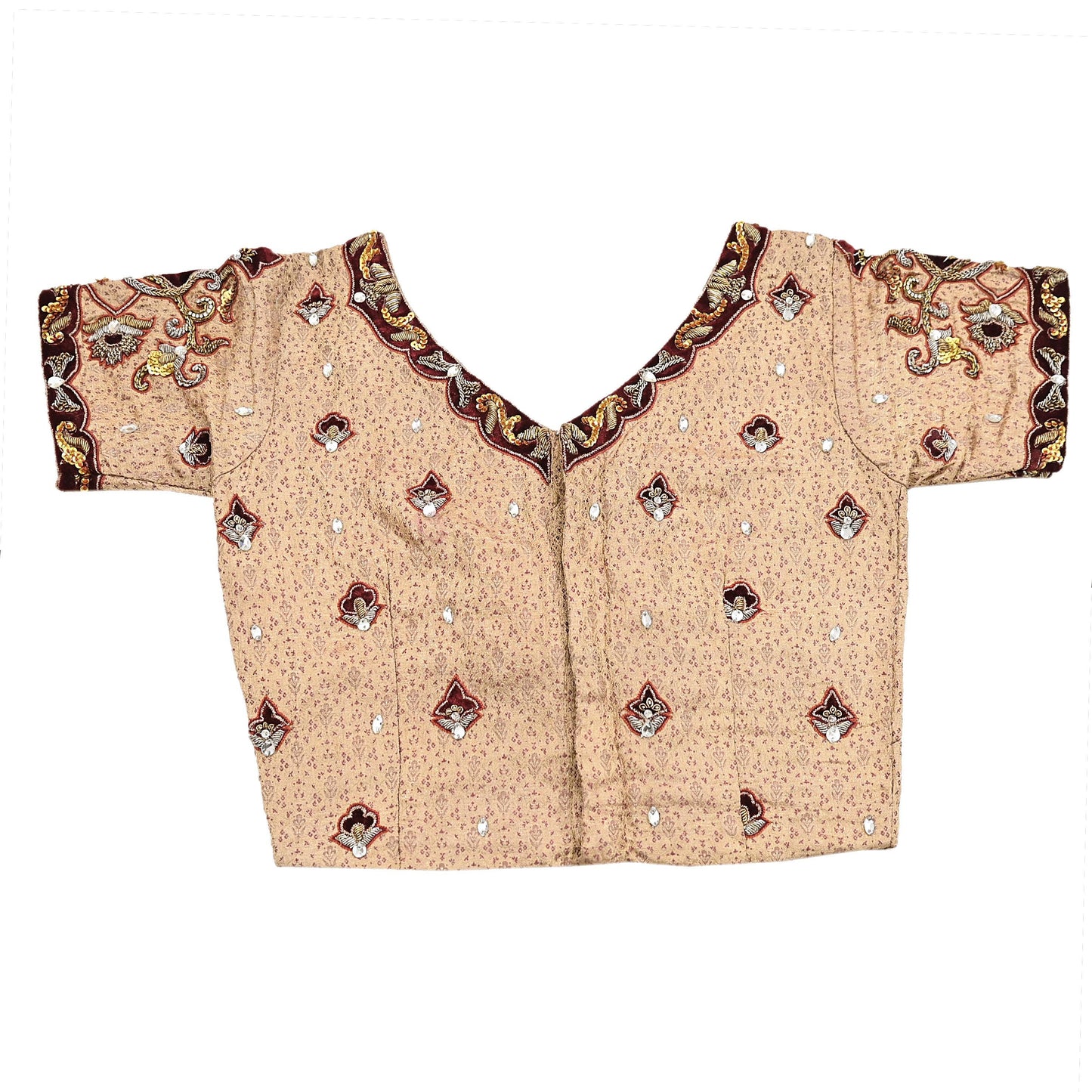 Indian Pre-owned Beige Satin Silk Hand Embroidered By Designer Tarun Tahiliani Blouse/Top/Crop M Size Party wear Bollywood