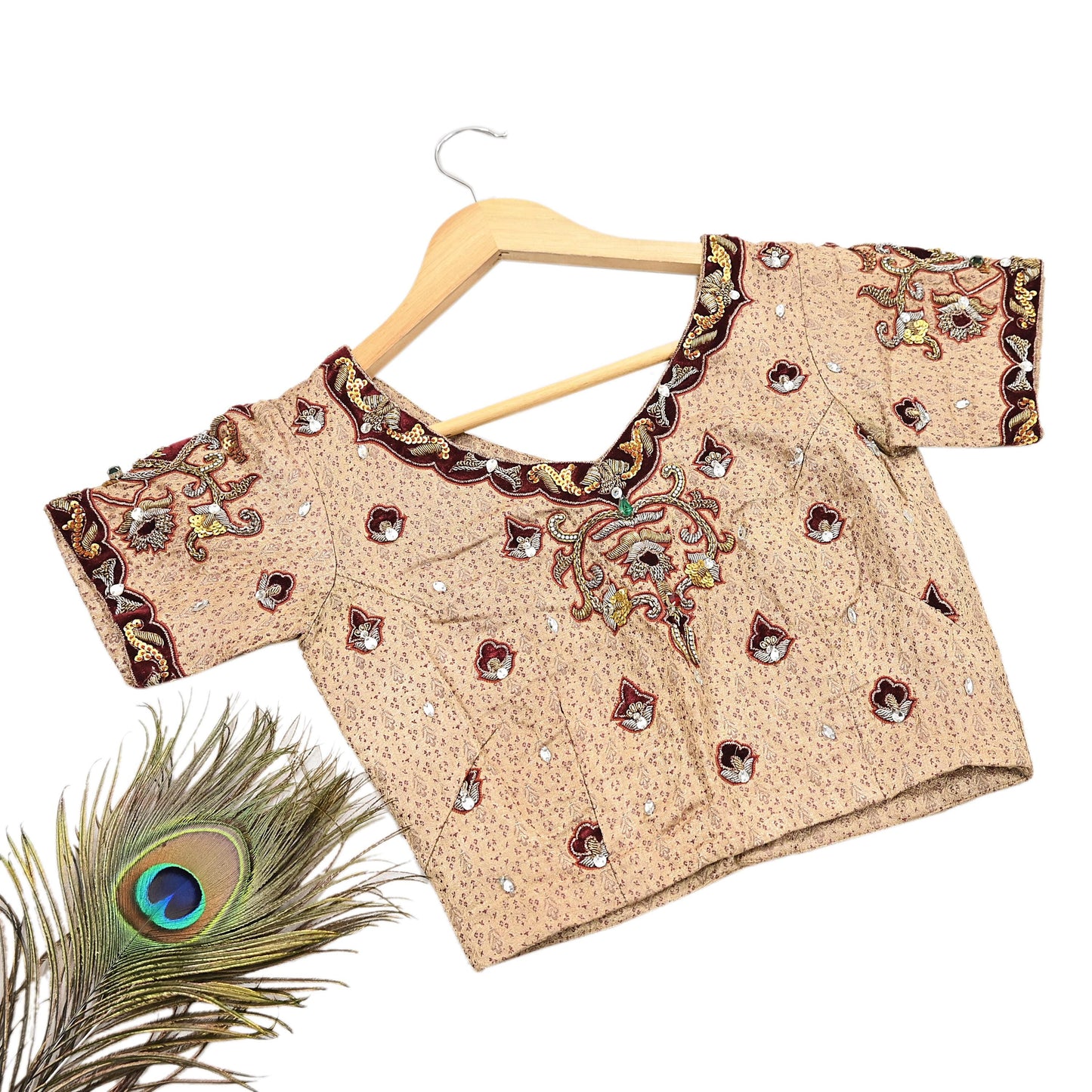 Indian Pre-owned Beige Satin Silk Hand Embroidered By Designer Tarun Tahiliani Blouse/Top/Crop M Size Party wear Bollywood
