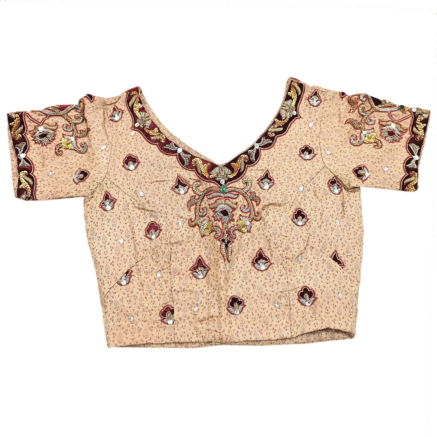 Indian Pre-owned Beige Satin Silk Hand Embroidered By Designer Tarun Tahiliani Blouse/Top/Crop M Size Party wear Bollywood