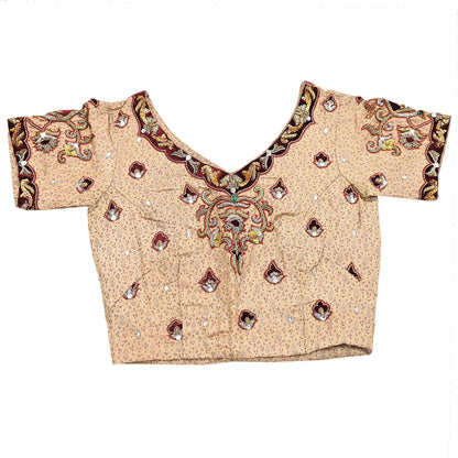 Indian Pre-owned Beige Satin Silk Hand Embroidered By Designer Tarun Tahiliani Blouse/Top/Crop M Size Party wear Bollywood